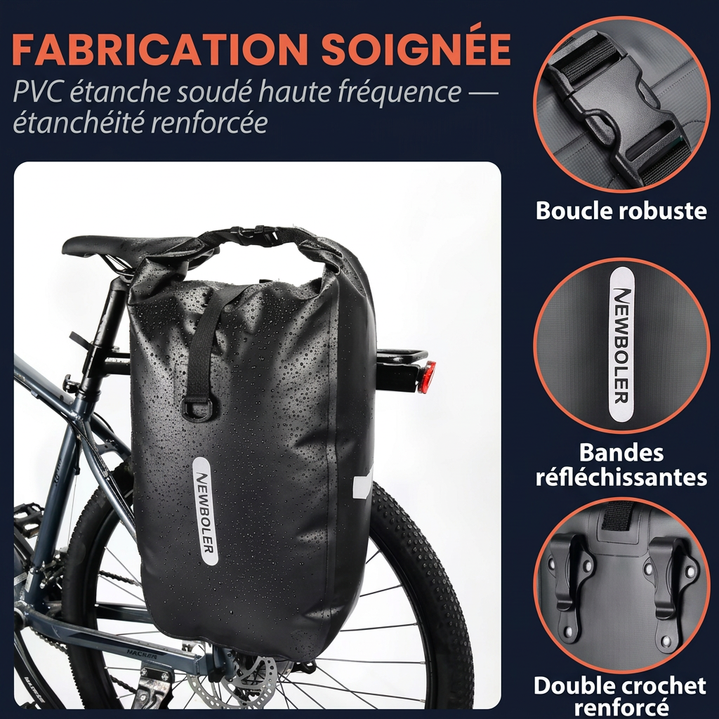 Cyclonis 20 L — fabrication soignée : PVC soudé, bandes réfléchissantes, boucle robuste
