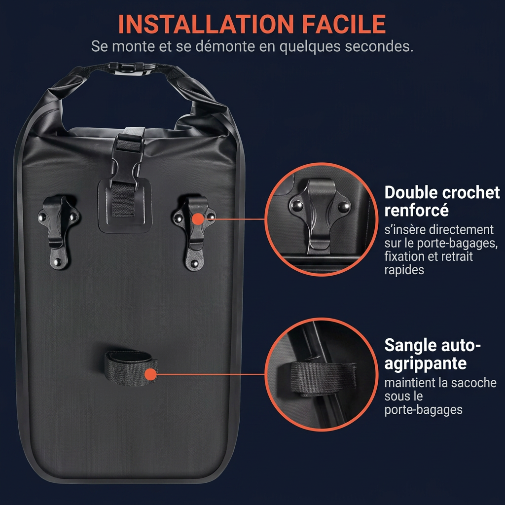 Cyclonis 20 L — installation facile : double crochet et sangle auto-agrippante